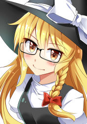 Rule 34 | 1girl, absurdres, bespectacled, blonde hair, blush, bow, braid, e.o., glasses, hair bow, hat, hat bow, highres, kirisame marisa, long hair, puffy short sleeves, puffy sleeves, short sleeves, single braid, smile, solo, touhou, tsurime, turtleneck, witch hat, yellow eyes