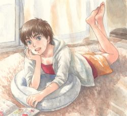 Rule 34 | 1girl, arm support, barefoot, bed, book, brown hair, curtains, earrings, feet, grey eyes, head rest, hood, hoodie, izumi noa, jewelry, kidou keisatsu patlabor, legs up, looking at viewer, lying, on floor, on stomach, open book, open mouth, painting (medium), pillow, short hair, shorts, soles, solo, the pose, toes, traditional media, ususionorisio, watercolor (medium)