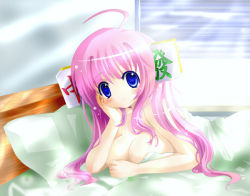 Rule 34 | 1girl, ahoge, artist request, bed, blanket, blush, breasts, chiyu, chiyu 12-sai, hair ornament, head rest, large breasts, long hair, looking at viewer, lying, mahjong, mahjong tile, nude, on bed, pink hair, smile, solo, window, window blinds