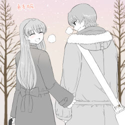 Rule 34 | 1boy, 1girl, aged up, aida kensuke, beard, blush, carrying bag, closed eyes, coat, comic, evangelion: 3.0+1.0 thrice upon a time, facial hair, from behind, glasses, grin, holding hands, hood, long hair, looking at another, neon genesis evangelion, open mouth, rebuild of evangelion, smile, souryuu asuka langley, translation request, tree, walking