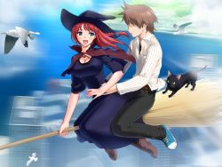 Rule 34 | 1boy, 1girl, amanogawa subaru, blue eyes, breasts, broom, broom riding, game cg, large breasts, majodou, red hair, sano toshihide, witch