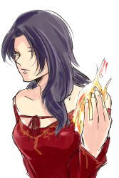 Rule 34 | 1girl, breasts, cinder fall, fire, hair over one eye, long hair, rwby, simple background, white background
