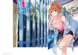 Rule 34 | 1girl, bag, blurry, blurry foreground, bottle, braid, breasts, bright pupils, brown eyes, brown hair, cleavage, closed mouth, denim, denim skirt, depth of field, french braid, highres, jewelry, koiwai yoshino, large breasts, leaning forward, leg up, looking at viewer, masamune-kun no revenge, miniskirt, necklace, off shoulder, outdoors, shoes, short hair, shoulder bag, side braid, skirt, sneakers, solo, standing, standing on one leg, tank top, tearing up, tiv, water bottle, white pupils