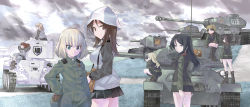 Rule 34 | 6+girls, absurdres, aki (girls und panzer), alina (girls und panzer), ankle boots, arm support, arms behind back, binoculars, black footwear, black gloves, black hair, black skirt, black vest, blonde hair, blue eyes, blue footwear, blue headwear, blue jacket, blue pants, blue skirt, boots, brown eyes, brown hair, brown headwear, bt-42, carrying, clara (girls und panzer), closed mouth, cloud, cloudy sky, commentary request, crossed legs, day, emblem, from below, from side, frown, fur hat, girls und panzer, gloves, grass, green jacket, green jumpsuit, hair tie, hand on own hip, hat, highres, huge filesize, inou takashi, insignia, is-2, jacket, jumpsuit, katyusha (girls und panzer), keizoku (emblem), keizoku military uniform, kv-2, leaning back, light brown hair, long hair, long sleeves, looking at another, looking at viewer, looking back, mika (girls und panzer), mikko (girls und panzer), military, military uniform, military vehicle, miniskirt, motor vehicle, multiple girls, nina (girls und panzer), nonna (girls und panzer), open mouth, outdoors, own hands together, pants, pants rolled up, pants under skirt, pleated skirt, pravda (emblem), raglan sleeves, red hair, red shirt, shirt, short hair, short twintails, sitting, skirt, sky, smile, squatting, sunlight, swept bangs, t-34, tank, track jacket, track pants, turtleneck, twintails, uniform, ushanka, v-shaped eyebrows, vest
