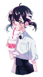 Rule 34 | 1girl, 23 (user oxt3659), ahoge, bandages, bandaid, bandaid on cheek, bandaid on face, black hair, black skirt, blush, collared shirt, cup, disposable cup, drink, drinking, drinking straw, highres, holding, holding cup, holding drink, original, pink eyes, pocket, shirt, shirt tucked in, short hair, short sleeves, short twintails, simple background, skirt, solo, twintails, white background, white shirt