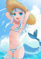 Rule 34 | 1girl, absurdres, arms up, bikini, blue hair, breasts, cowboy shot, day, fins, fish tail, gawr gura, hands on headwear, hat, highres, hololive, hololive english, long hair, looking at viewer, multicolored hair, navel, ocean, open mouth, outdoors, partially underwater shot, rokugatsu shigure, shark girl, shark tail, sharp teeth, sky, small breasts, smile, solo, sparkle, stitches, straw hat, streaked hair, striped bikini, striped clothes, sun hat, swimsuit, tail, teeth, virtual youtuber, wading, water, water drop, white hair