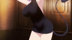 Rule 34 | 1girl, animated, animated gif, anime screenshot, armpits, arms behind head, arms up, breasts, closed mouth, demon girl, demon horns, demon tail, gif artifacts, horns, indoors, interior, jiggle, kinsou no vermeil, large breasts, lowres, medium hair, pointy ears, purple hair, red eyes, screencap, smile, solo, standing, tail, vermeil (kinsou no vermeil)