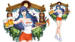 Rule 34 | 1girl, alcohol, artist name, bare shoulders, beer, beer mug, blue eyes, blue hair, breasts, cleavage, collarbone, commentary, copyright name, cup, employee uniform, feh (fire emblem heroes), fire emblem, fire emblem awakening, fire emblem heroes, food, full body, highres, holding, holding tray, hooters, jewelry, long hair, looking at viewer, lucina (fire emblem), meziosaur, mug, nintendo, open mouth, orange shorts, shoes, short shorts, shorts, signature, simple background, sleeveless, smile, sneakers, socks, tiara, tray, uniform, white legwear