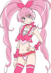 Rule 34 | 10s, 1girl, adapted costume, bakusai, blue eyes, bow, bow panties, choker, cure melody, earrings, eyelashes, frilled panties, frilled shirt, frills, hair ornament, hair ribbon, half updo, happy, houjou hibiki, jewelry, long hair, looking at viewer, magical girl, midriff, navel, no pants, panties, pink hair, pink panties, precure, ribbon, shirt, simple background, smile, solo, standing, suite precure, thighhighs, thighs, twintails, underwear, white background, wrist cuffs