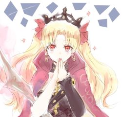 Rule 34 | 1girl, belt, blonde hair, cape, covering own mouth, crown, earrings, ereshkigal (fate), fate/grand order, fate (series), hair ribbon, jewelry, long hair, looking at viewer, nail polish, own hands together, red cape, red eyes, red ribbon, ribbon, single sleeve, skull, solo, tohsaka rin, twintails, upper body, white background