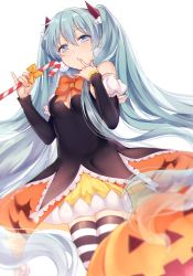 Rule 34 | 1girl, bad id, bad pixiv id, black dress, blue eyes, blue hair, bow, candy, candy cane, dress, elbow sleeve, food, hair ornament, halloween, hatsune miku, jack-o&#039;-lantern, long hair, matching hair/eyes, mery (yangmalgage), simple background, skirt, solo, striped clothes, striped thighhighs, thighhighs, translucent hair, twintails, very long hair, vocaloid
