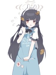 Rule 34 | 1girl, animal ears, apron, black hair, blue apron, blue archive, bow, bowtie, collared shirt, fake animal ears, flying sweatdrops, hairband, halo, highres, leaf, leaf on head, long hair, looking at viewer, miyu (blue archive), name tag, open mouth, raised eyebrows, red eyes, shirt, short sleeves, simple background, solo, tearing up, twig, uni gyoza, upper body, white background, white shirt