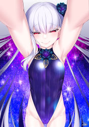 Rule 34 | 1girl, absurdres, armpits, arms up, bare shoulders, blue hair, blue one-piece swimsuit, blush, body markings, bracelet, breasts, covered navel, earrings, fate/grand order, fate (series), flower, hair flower, hair ornament, hair ribbon, highleg, highleg swimsuit, highres, jewelry, kama (fate), kama (swimsuit avenger) (fate), kama (swimsuit avenger) (third ascension) (fate), long hair, looking at viewer, lotus, multicolored hair, one-piece swimsuit, outstretched arms, red eyes, ribbon, silver hair, small breasts, smile, solo, star (symbol), star earrings, swimsuit, thighs, two-tone hair, watosu
