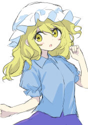 Rule 34 | 144udy, 1girl, :o, absurdres, alternate costume, blonde hair, blue skirt, blush stickers, breasts, hair between eyes, hand up, hat, highres, long hair, maribel hearn, medium breasts, mob cap, open mouth, simple background, sketch, skirt, solo, touhou, upper body, white background, yellow eyes