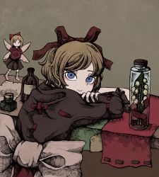 Rule 34 | 1girl, alcohol, arms on table, awk chan, bad id, bad twitter id, blonde hair, blue eyes, blush, bow, brown background, doll, flower, frilled shirt, frilled shirt collar, frilled sleeves, frills, hair between eyes, highres, ink bottle, jar, light smile, lily of the valley, looking at viewer, medicine melancholy, paper, puffy short sleeves, puffy sleeves, red bow, red neckwear, red ribbon, ribbon, shirt, short hair, short sleeves, simple background, socks, solo, su-san, table, tablecloth, touhou, wavy hair, white ribbon
