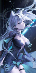 Rule 34 | 1girl, absurdres, animal ear fluff, animal ears, black choker, black dress, black gloves, black jacket, blue archive, breasts, choker, dress, extra ears, fangwan, floating hair, gloves, grey hair, halo, highres, jacket, large breasts, looking up, plunging neckline, shiroko (blue archive), shiroko terror (blue archive), solo, thigh strap, wolf ears