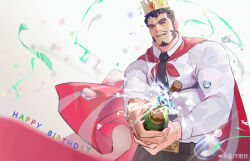Rule 34 | 1boy, absurdres, bara, borrowed character, bottle, cape, collared shirt, cowboy shot, crown, facial hair, goatee, happy birthday, highres, holding, holding bottle, large hands, large pectorals, long sideburns, male focus, muscular, muscular male, my eight, necktie, original, pectorals, red cape, salaryman, shirt, short hair, sideburns, solo, wine bottle
