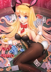 Rule 34 | 1girl, animal ears, ass, bad id, bad pixiv id, blonde hair, breasts, brown pantyhose, bud (znehgneh2), cameltoe, card, casino, casino card table, poker chip, cleavage, detached collar, dice, eyebrows, fake animal ears, hairband, highres, leotard, long hair, looking at viewer, lying, on side, original, pantyhose, playboy bunny, playing card, poker chip, purple eyes, rabbit ears, rabbit tail, smile, smoke, solo, table, tail, very long hair, wrist cuffs, xlavhzhr04