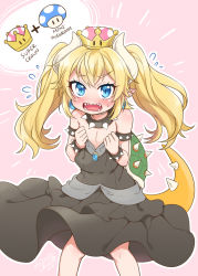 Rule 34 | 1girl, 2018, aged down, bare shoulders, black dress, blonde hair, blue eyes, bowsette, bracelet, collar, commentary request, crown, dress, fangs, flying sweatdrops, hair between eyes, highres, horns, jewelry, long hair, looking at viewer, mario (series), mini crown, mono land, new super mario bros. u deluxe, nintendo, open mouth, outline, oversized clothes, pink background, sharp teeth, signature, solo, spiked bracelet, spiked collar, spiked shell, spiked tail, spikes, strapless, strapless dress, super crown, tail, teeth, turtle shell, twintails, white outline