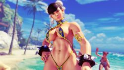 Rule 34 | absurdres, adnarimydeth, arm guards, belly piercing, bikini, breasts, capcom, chun-li, highres, large breasts, lipstick, looking at viewer, makeup, slingshot swimsuit, street fighter, string bikini, swimsuit, thick thighs, thighs