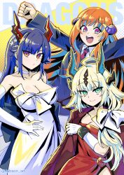 Rule 34 | 3girls, :d, absurdres, alternate costume, arknights, bagpipe (arknights), blonde hair, blue hair, bow, breasts, ch&#039;en (arknights), choker, cleavage, clenched hand, coat, coat on shoulders, commentary, cowboy shot, dragon horns, dress, gloves, hair bow, hand on own hip, highres, horns, infection monitor (arknights), large breasts, long hair, looking at viewer, multiple girls, necktie, open mouth, orange hair, outstretched arms, purple eyes, purple necktie, red coat, red dress, reed (arknights), reed the flame shadow (arknights), sleepyowl (jobkung15), smile, standing, strapless, strapless dress, very long hair, white bow, white choker, white dress, white gloves