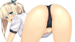 Rule 34 | 10s, 1girl, all fours, alternate hairstyle, aqua eyes, ass, blonde hair, boku wa tomodachi ga sukunai, bug, buruma, butterfly, butterfly hair ornament, cameltoe, crotch, gym uniform, hair ornament, insect, kabocha head, kashiwazaki sena, looking back, navel, open mouth, simple background, solo, twintails, white background