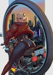 Rule 34 | 1girl, alternate form, art trade, ass, black bodysuit, blonde hair, bodysuit, boots, brown footwear, cityscape, commentary, cropped jacket, dash xero, english commentary, from behind, hair bun, hairpods, jacket, knee boots, looking back, miranda (norasuko), motorized unicycle, original, red jacket, science fiction, short hair, single hair bun, solo