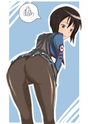 Rule 34 | 1girl, ashita kara ganbaro, ass, bad id, bad pixiv id, bent over, black hair, blue background, bob cut, bodysuit, brown eyes, capelet, chloe valens, from behind, leaning forward, looking back, sena (pixiv), short hair, simple background, solo, squiggle, tales of (series), tales of legendia, trefoil, wet