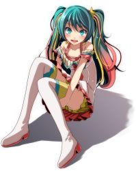 Rule 34 | 1girl, :d, absurdres, bad id, bad pixiv id, blue eyes, blue hair, boots, collarbone, earrings, female focus, full body, hair between eyes, hair ornament, hatsune miku, highres, jewelry, long hair, multicolored hair, open mouth, panties, pantyshot, project diva (series), project diva x, short shorts, shorts, simple background, sitting, smile, solo, star (symbol), star hair ornament, thigh boots, thighhighs, tsukishiro saika, twintails, underwear, vocaloid, white background, white footwear, yellow shorts