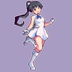 Rule 34 | 1girl, black hair, boots, bow, brown eyes, dress, full body, gloves, hair bow, hazuki ren, high ponytail, long hair, looking at viewer, love live!, love live! superstar!!, o 12 9, open mouth, pixel art, short sleeves, smile, solo, standing, standing on one leg, white dress, white footwear, white gloves