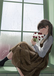 Rule 34 | 1girl, autumn, black socks, blush, braid, breasts, brown dress, brown eyes, brown hair, collared dress, collared shirt, cosmos (flower), day, dress, feet out of frame, flower, from side, hands up, highres, holding, holding flower, indoors, light blush, long hair, long sleeves, medium breasts, original, parted lips, pinafore dress, plaid, plaid dress, rain, red flower, shirt, signature, sitting, sleeveless, sleeveless dress, small breasts, socks, solo, soragane (banisinngurei), watermark, white shirt, window