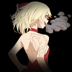 Rule 34 | 1girl, alternate costume, back, black background, blonde hair, breasts, breathing smoke, character tattoo, commentary request, dress, from behind, hair ribbon, highres, kurodani yamame, looking at viewer, looking back, medium breasts, medium hair, open mouth, red dress, red eyes, red ribbon, ribbon, rinyamame, rumia, sharp teeth, smile, solo, strapless, strapless dress, teeth, touhou, upper body