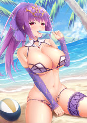 Rule 34 | 1girl, ball, bare shoulders, beach, blue sky, blush, breasts, cleavage, collarbone, day, eating, fate/grand order, fate (series), food, hair between eyes, hair ribbon, highres, large breasts, long hair, looking at viewer, navel, open mouth, ponytail, popsicle, purple hair, purple ribbon, red eyes, ribbon, scathach (fate), scathach skadi (fate), shore, sitting, sky, thighs, tiara, tongue, tongue out, volleyball (object), yuunagi (0217)