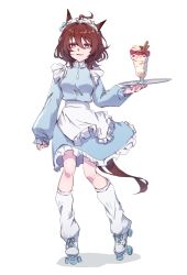 Rule 34 | 1girl, absurdres, agnes tachyon (umamusume), ahoge, animal ears, apron, blue jacket, blue skirt, breasts, brown hair, food, frilled skirt, frills, full body, hair between eyes, highres, holding, holding tray, horse ears, horse girl, horse tail, ice cream, jacket, jersey maid, long sleeves, looking at viewer, loose socks, maid, maid headdress, medium hair, open mouth, red eyes, roller skates, simple background, skates, skirt, small breasts, socks, solo, standing, sundae, tail, tray, umamusume, unconventional maid, waist apron, watou, white background, white socks