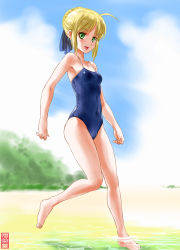 Rule 34 | 1girl, :d, ahoge, alternate costume, artoria pendragon (all), artoria pendragon (fate), barefoot, beach, blonde hair, braid, fate/stay night, fate (series), green eyes, hair ribbon, maira gen, one-piece swimsuit, open mouth, outdoors, ribbon, saber (fate), school swimsuit, smile, solo, swimsuit, wading, water