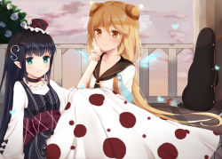 Rule 34 | 2girls, balcony, benghuai xueyuan, black hair, blonde hair, bug, chloe (benghuai xueyuan), cloud, doll joints, dress, fairy wings, firefly, flower, fufumi, green eyes, hair ornament, hand on own cheek, hand on own face, hat, highres, honkai (series), insect, instrument case, joints, kaguya (benghuai xueyuan), looking at viewer, multiple girls, musical note, pointy ears, school uniform, smile, stroking cheek, sunset, twintails, wings, yellow eyes