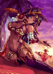 Rule 34 | 1girl, bare shoulders, blue eyes, breasts, bridal gauntlets, cleavage, curvy, dark skin, dark-skinned female, fate/grand order, fate (series), head tilt, highres, horns, large breasts, long hair, looking at viewer, oil lamp, purple hair, queen of sheba (fate), shzsntma, sitting, smile, solo, stomach, wide hips