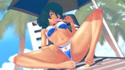 Rule 34 | 1girl, argentinian flag, beach, bikini, breasts, come hither, feet, food, green eyes, green hair, highres, kazami yuuka, large breasts, legs, licking, looking at viewer, naughty face, navel, popsicle, seductive gaze, seductive smile, sexually suggestive, short hair, smile, solo, spread legs, sweat, swimsuit, tail, thong bikini, tongue, tongue out, touhou
