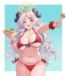 Rule 34 | + +, 1girl, ahoge, bare shoulders, bikini, black horns, blue archive, blue background, blush, breasts, cleavage, commentary request, cowboy shot, flipped hair, food, food on face, front-tie bikini top, front-tie top, hair ornament, hairclip, highres, holding, holding food, horns, huge breasts, izumi (blue archive), izumi (swimsuit) (blue archive), long hair, looking at viewer, messy hair, navel, o-ring, o-ring bikini, official alternate costume, open mouth, orange eyes, outstretched arm, plump, red bikini, red nails, red scrunchie, red wristband, scrunchie, side-tie bikini bottom, simple background, smile, solo, stomach, swimsuit, takoyaki, tareme, u jie, wet, white hair, wrist scrunchie