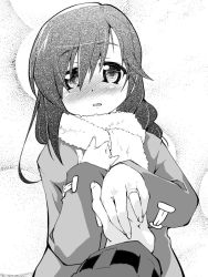 Rule 34 | 1girl, blush, coat, freckles, greyscale, isshitaira, jewelry, kazoku game, long hair, monochrome, marriage proposal, ring, scarf, solo focus, toono kanna