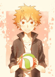 Rule 34 | 1boy, ball, black jacket, haikyuu!!, hinata shouyou, holding, holding ball, jacket, looking at viewer, male focus, naeko777, orange eyes, orange hair, pink background, shirt, smile, solo, spiked hair, standing, upper body, volleyball, volleyball (object), white shirt