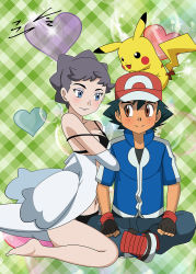Rule 34 | 10s, 1boy, 1girl, age difference, ash ketchum, ass, bare legs, bare shoulders, barefoot, baseball cap, black hair, blue eyes, blush, bra, breasts, bubble, cleavage, couple, creatures (company), diantha (pokemon), dress, eyelashes, eyeshadow, fingerless gloves, game freak, gen 1 pokemon, gloves, grey hair, happy, hat, heart, highres, hip focus, holding another&#039;s arm, jacket, kneeling, lips, makeup, midriff, navel, nintendo, panties, pikachu, pokemon, pokemon (anime), pokemon (creature), pokemon xy, short hair, sitting, smile, sparks, spiked hair, underwear, undressing, zaizaiwangwang