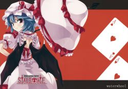 Rule 34 | 1girl, bare back, bat wings, blue hair, dress, female focus, frown, hand on own hip, hat, hat ribbon, highres, looking back, non-web source, parasol, red eyes, remilia scarlet, ribbon, scan, shirota dai, short hair, solo, touhou, umbrella, wings