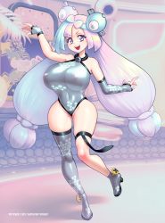 Rule 34 | 1girl, alternate breast size, breasts, creatures (company), game freak, highres, huge breasts, iono (pokemon), long hair, multicolored hair, nintendo, nipples, pokemon, pokemon sv, see-through, single thighhigh, skin tight, supersatanson, thighhighs, two-tone hair, watermark