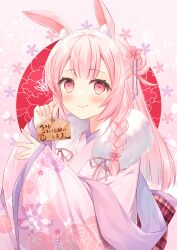Rule 34 | 1girl, animal ear fluff, animal ears, blush, braid, chinese zodiac, commentary request, ema, floral background, floral print, flower, hair flower, hair ornament, haruhitooo, highres, japanese clothes, kimono, long sleeves, looking at viewer, nengajou, new year, original, pink background, pink eyes, pink hair, rabbit ears, rabbit girl, smile, solo, translation request, upper body, wide sleeves, year of the rabbit