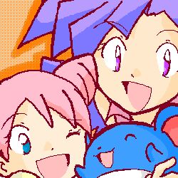 1girl 2girls blue_eyes blue_hair creatures_(company) game_freak gen_2_pokemon get_happy hair_buns holding holding_pokemon marill marina_(pokemon_ep091) marissa_(pokemon) multiple_girls nintendo one_eye_closed pink_hair pokemon pokemon_(anime) pokemon_(classic_anime) pokemon_(creature) pokemon_ep087 pokemon_ep091 purple_eyes spiked_hair wink