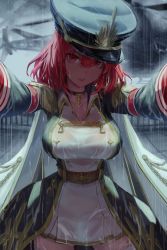 Rule 34 | absurdres, breasts, cape, capelet, choker, collar, dress, hat, highres, kanashi kumo, large breasts, looking at viewer, military, military uniform, original, outdoors, outstretched arms, peaked cap, rain, red eyes, red hair, uniform, wet