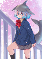 Rule 34 | 1girl, alternate costume, black socks, blue eyes, blue hair, blush, cetacean tail, cherry blossoms, closed mouth, common bottlenose dolphin (kemono friends), dolphin girl, fins, fish tail, grey hair, grey skirt, highres, kemono friends, kneehighs, kosai takayuki, looking at viewer, multicolored hair, pleated skirt, school uniform, short hair, skirt, smile, socks, solo, tail