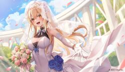 Rule 34 | 1girl, blonde hair, blue flower, blue rose, blue sky, blurry, blurry background, bouquet, breasts, bridal gauntlets, bridal veil, bride, brown eyes, cendrillon (vocaloid), cleavage, cloud, commentary request, crossed bangs, day, dress, flower, hair between eyes, highres, holding, holding bouquet, long hair, medium breasts, open mouth, outdoors, pink flower, pink rose, rose, sidelocks, sira (user dswn7488), sky, smile, solo, teeth, tree, upper teeth only, usami yuno, veil, virtual youtuber, wedding dress, white bridal gauntlets, white flower, white rose