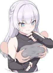 Rule 34 | 1girl, bare shoulders, blue eyes, blush, braid, breasts, disembodied limb, dolphin wave, elbow gloves, fingerless gloves, french braid, gloves, grey gloves, grey leotard, large breasts, leotard, long hair, schnee weissberg, shiseki hirame, smile, solo focus, sweatdrop, white background, white hair